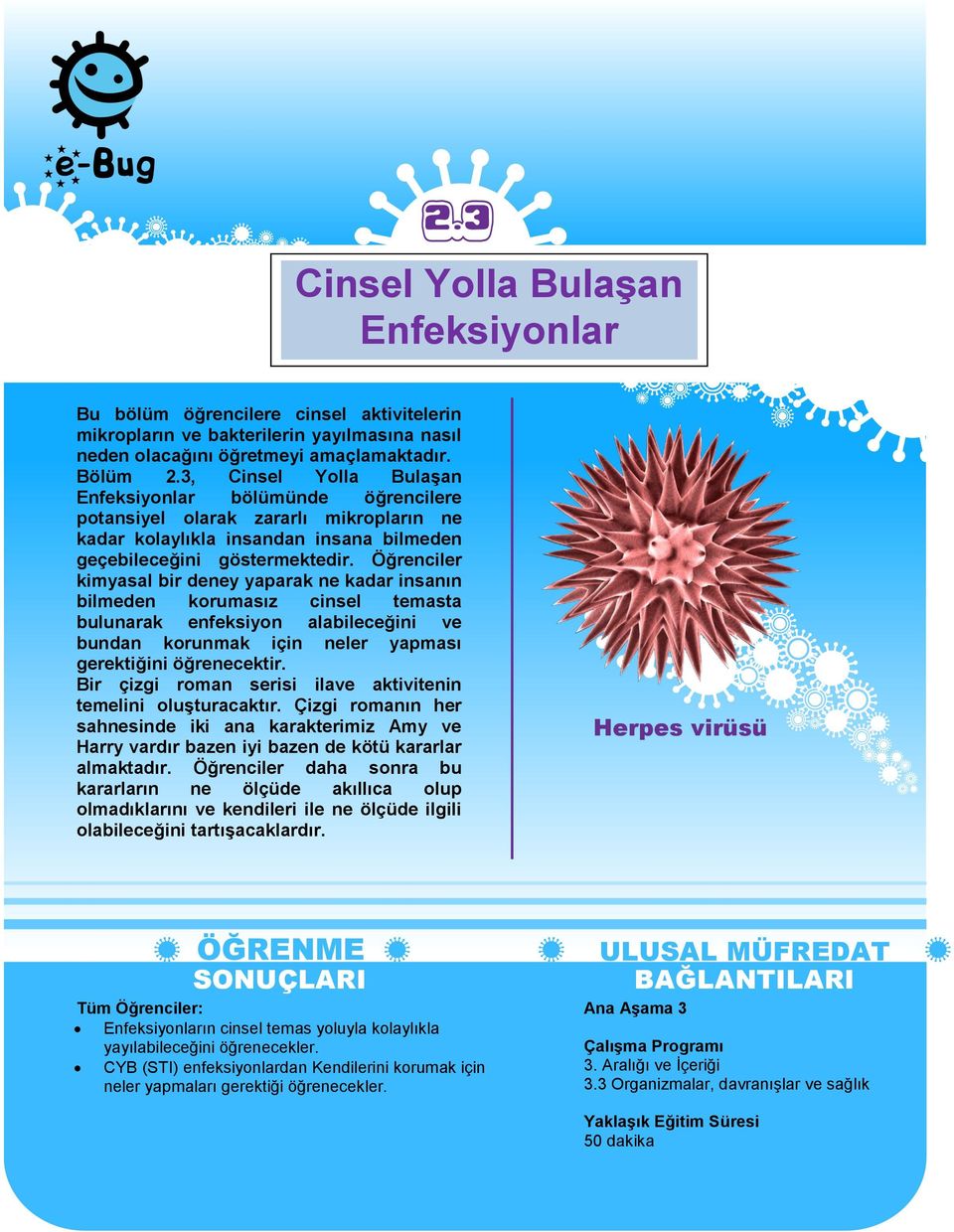 Öğrenciler kimyasal bir deney yaparak ne kadar insanın bilmeden korumasız cinsel temasta bulunarak enfeksiyon alabileceğini ve bundan korunmak için neler yapması gerektiğini öğrenecektir.