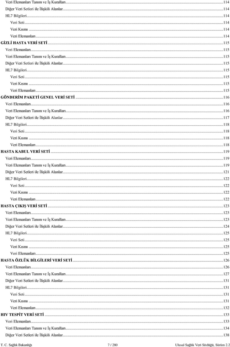 .. 116 Veri Elemanları... 116 Veri Elemanları ve... 116 Diğer Veri Setleri ile İlişkili Alanlar... 117 HL7 Bilgileri... 118 Veri Seti... 118 Veri Kısmı... 118 Veri Elemanları.