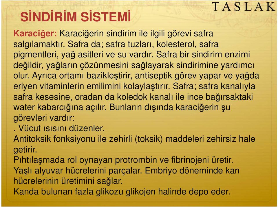 Safra; safra kanalıyla safra kesesine, oradan da koledok kanalı ile ince ba ırsaktaki water kabarcı ına açılır. Bunların dı ında karaci erin u görevleri vardır:. Vücut ısısını düzenler.