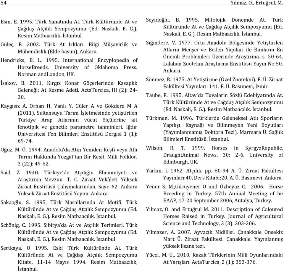 Kırgız Konar Göçerlerinde Kasaplık Geleneği: At Kesme Adeti. ActaTurcica, III (2): 24-30. Kaygısız A, Orhan H, Vanlı Y, Güler A ve Gökdere M A (2011).