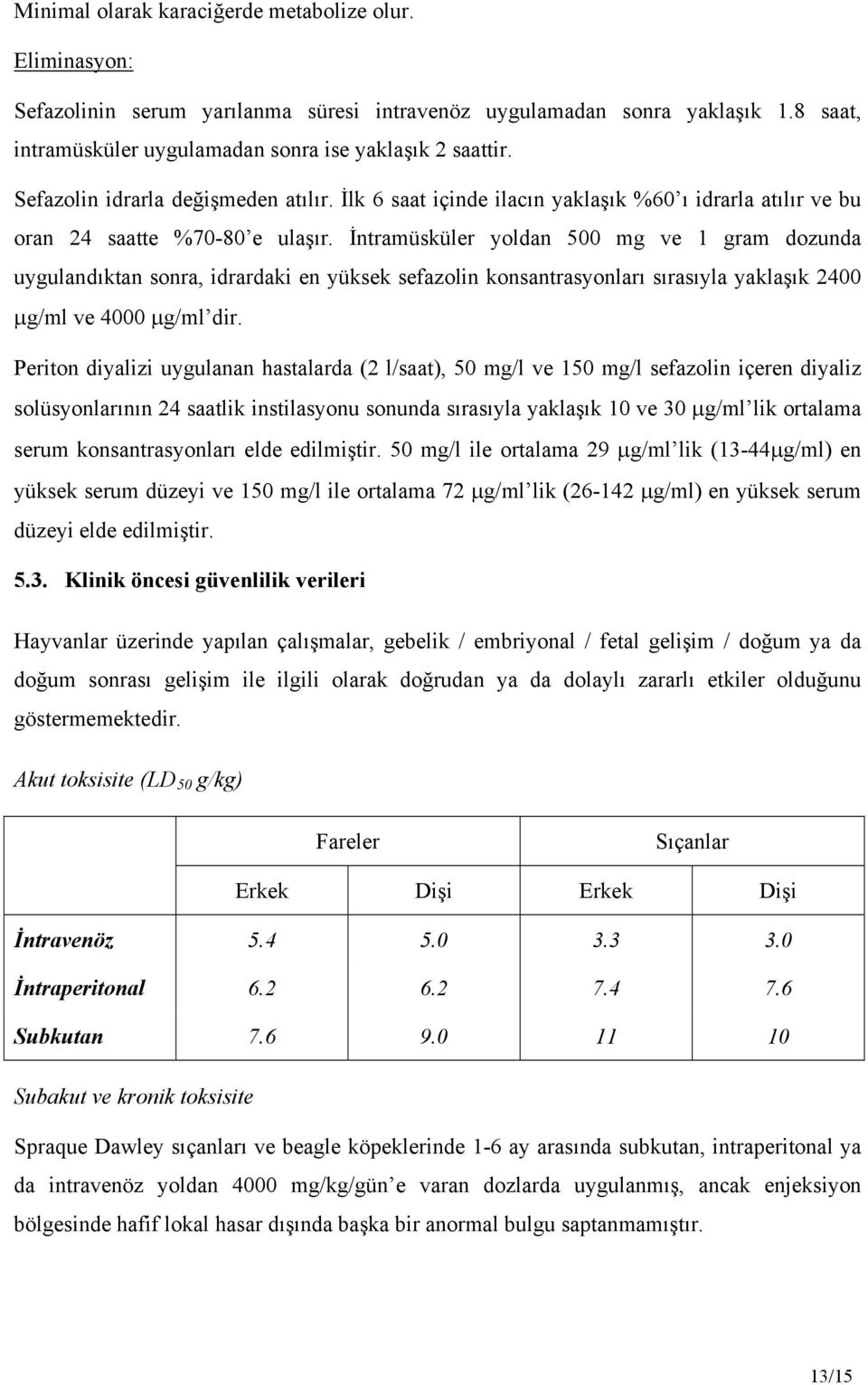 İntramüsküler yoldan 500 mg ve 1 gram dozunda uygulandıktan sonra, idrardaki en yüksek sefazolin konsantrasyonları sırasıyla yaklaşık 2400 g/ml ve 4000 g/ml dir.