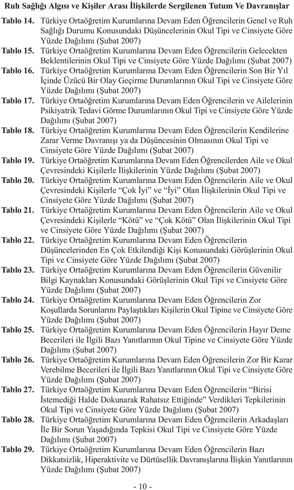 Türkiye Ortaöğretim Kurumlarına Devam Eden Öğrencilerin Gelecekten Beklentilerinin Okul Tipi ve Cinsiyete Göre Yüzde Dağılımı (Şubat 2007) Tablo 16.