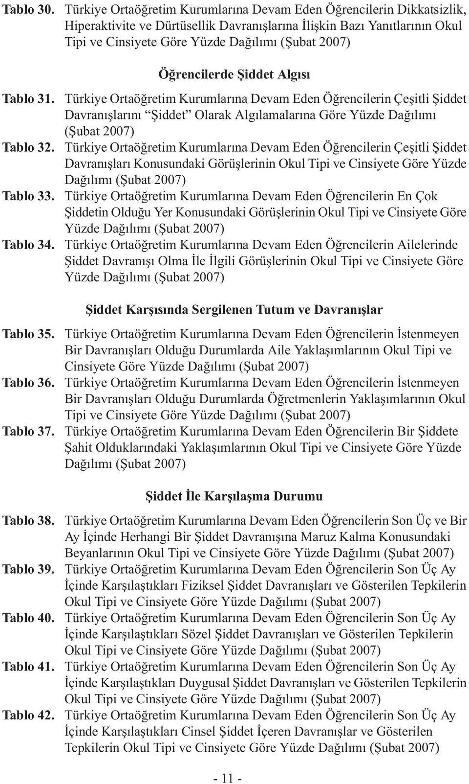 Öğrencilerde Şiddet Algısı Tablo 31. Türkiye Ortaöğretim Kurumlarına Devam Eden Öğrencilerin Çeşitli Şiddet Davranışlarını Şiddet Olarak Algılamalarına Göre Yüzde Dağılımı (Şubat 2007) Tablo 32.