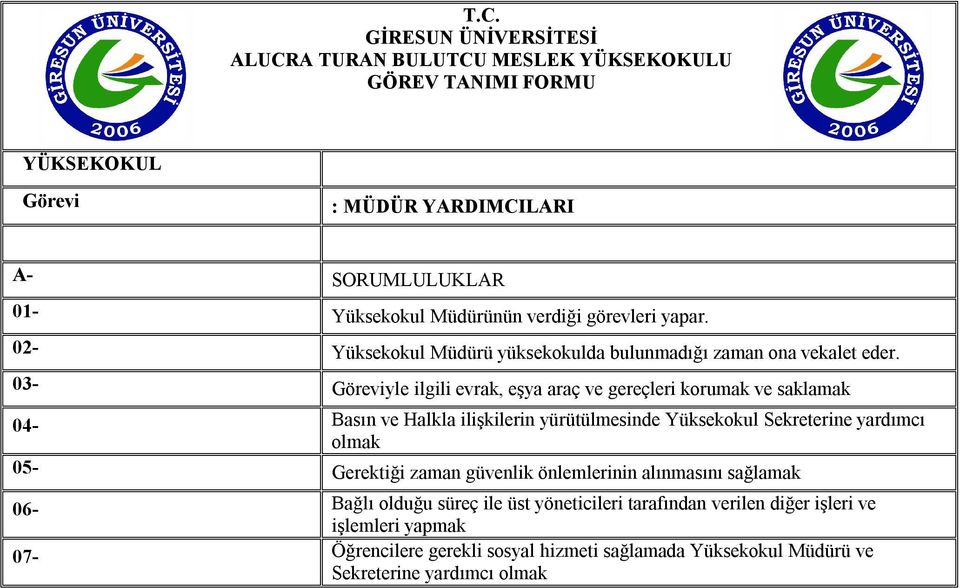 03- Göreviyle ilgili evrak, eşya araç ve gereçleri korumak ve saklamak 04- Basın ve Halkla ilişkilerin yürütülmesinde Sekreterine yardımcı