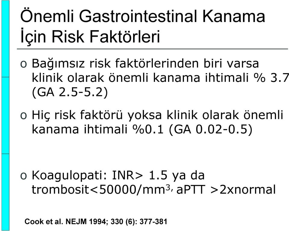 2) o Hiç risk faktörü yoksa klinik olarak önemli kanama ihtimali %0.1 (GA 0.02-0.