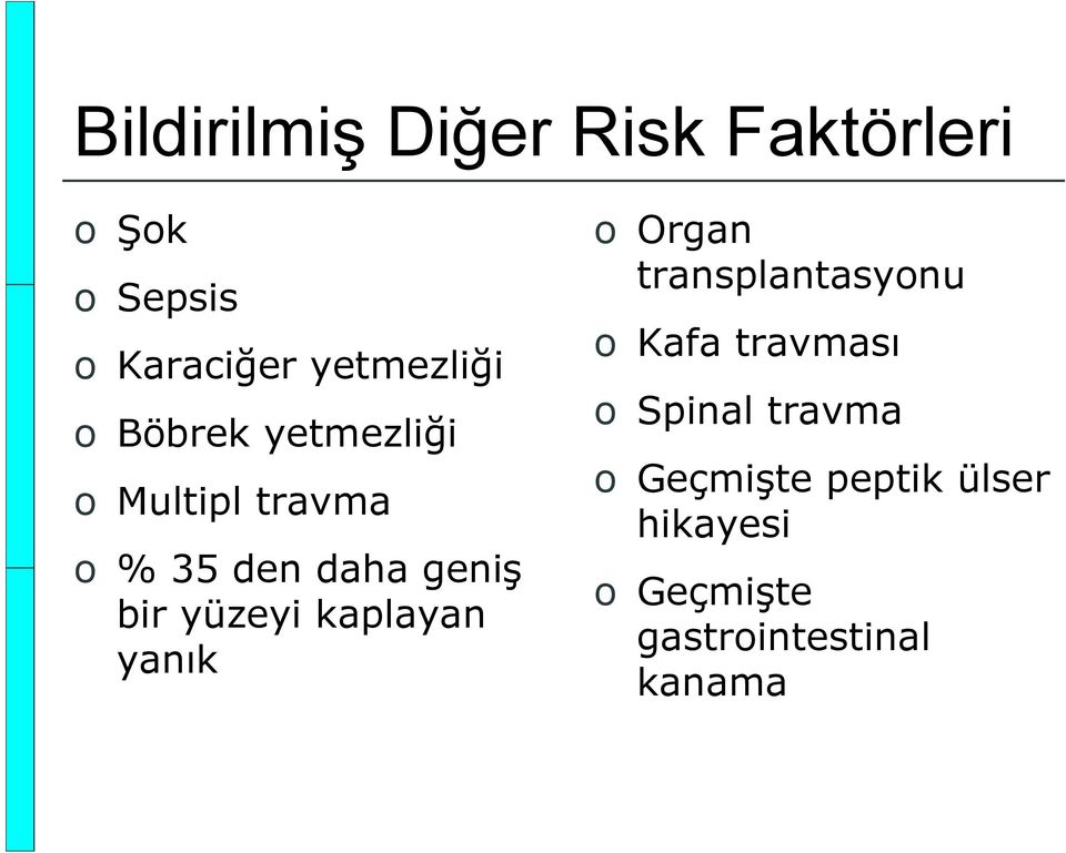 bir yüzeyi kaplayan yanık o Organ transplantasyonu o Kafa travması o