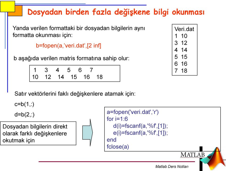 dat 1 10 3 12 4 14 5 15 6 16 7 18 Satır vektörlerini faklı değişkenlere atamak için: c=b(1,:) d=b(2,:) Dosyadan bilgilerin