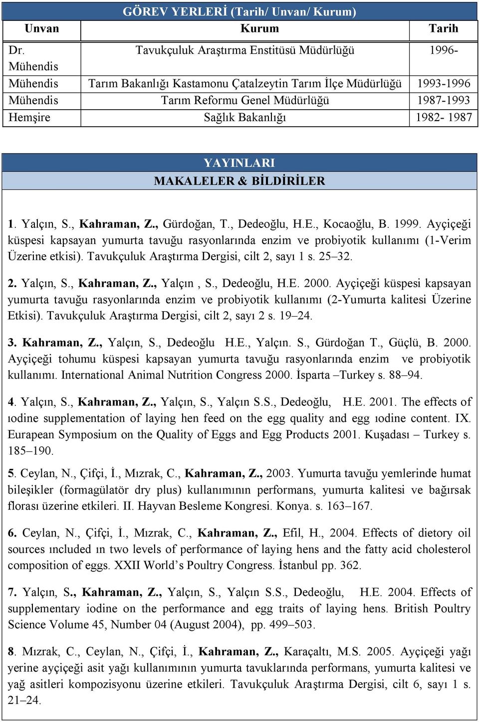 Bakanlığı 1982-1987 YAYINLARI MAKALELER & BİLDİRİLER 1. Yalçın, S., Kahraman, Z., Gürdoğan, T., Dedeoğlu, H.E., Kocaoğlu, B. 1999.