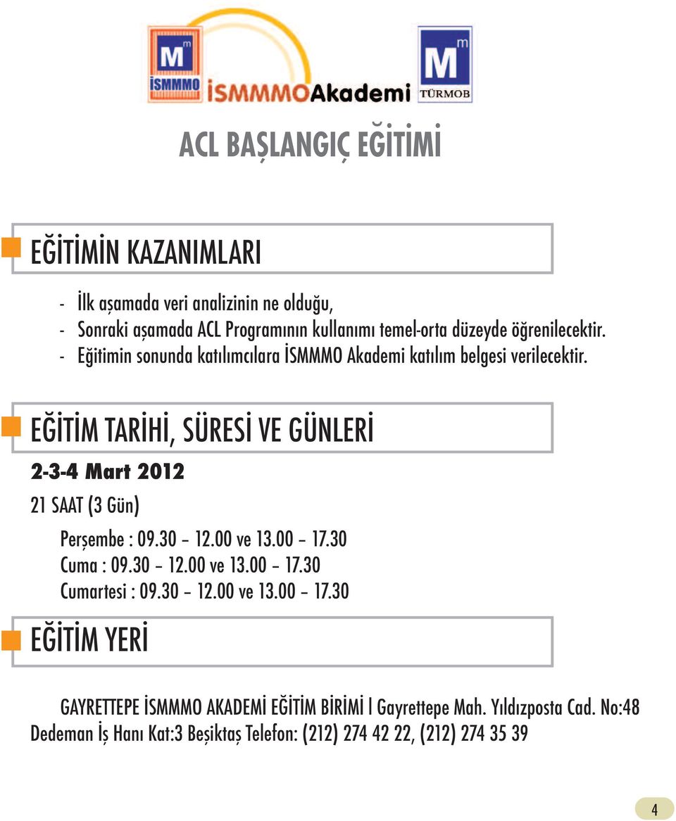 EĞİTİM TARİHİ, SÜRESİ VE GÜNLERİ 2-3-4 Mart 2012 21 SAAT (3 Gün) Perşembe : 09.30 12.00 ve 13.00 17.30 Cuma : 09.30 12.00 ve 13.00 17.30 Cumartesi : 09.