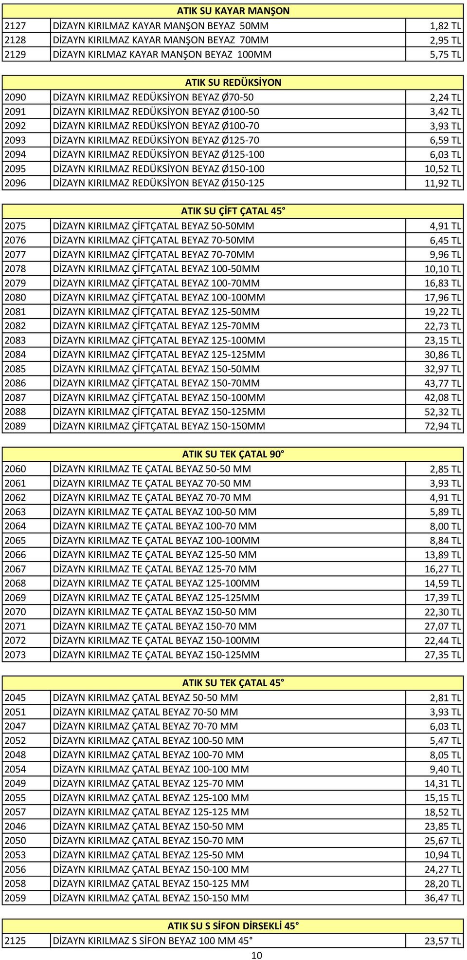 Ø125-70 6,59 TL 2094 DİZAYN KIRILMAZ REDÜKSİYON BEYAZ Ø125-100 6,03 TL 2095 DİZAYN KIRILMAZ REDÜKSİYON BEYAZ Ø150-100 10,52 TL 2096 DİZAYN KIRILMAZ REDÜKSİYON BEYAZ Ø150-125 11,92 TL ATIK SU ÇİFT