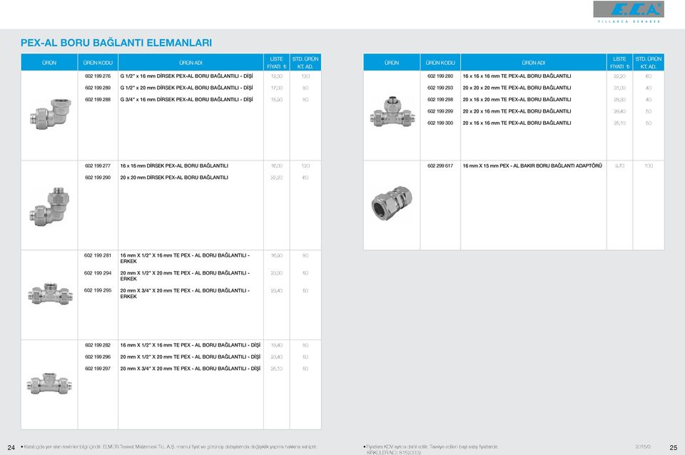 BAĞLANTILI 2,30 0 02 199 299 20 x 20 x 1 mm TE PEX-AL BORU BAĞLANTILI 2,0 02 199 300 20 x 1 x 1 mm TE PEX-AL BORU BAĞLANTILI 25,10 02 199 277 1 x 1 mm DİRSEK PEX-AL BORU BAĞLANTILI 1,00 0 02 299 17 1