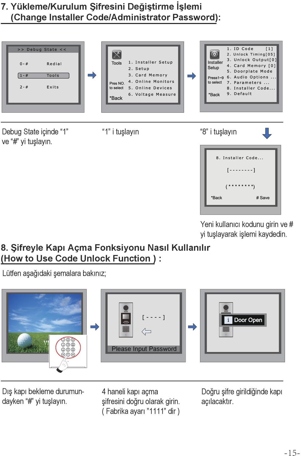 . Şifreyle Kapı Açma Fonksiyonu Nasıl Kullanılır (How to Use Code Unlock Function ) : Lütfen aşağıdaki şemalara bakınız; i [ ]