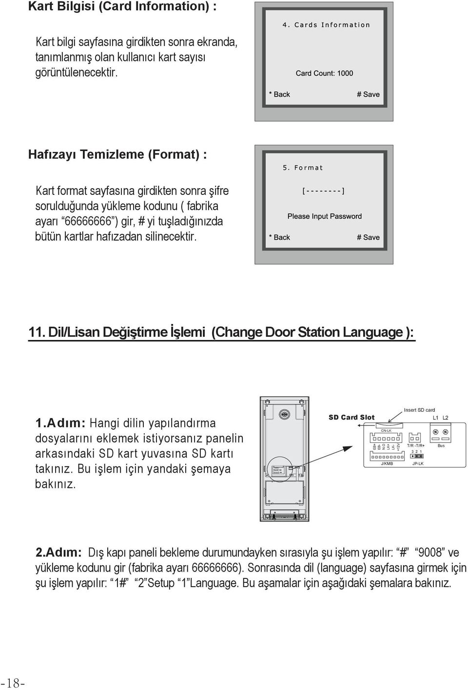 . Dil/Lisan Değiştirme İşlemi (Change Door Station Language ): Insert SD card SD Card Slot L L J/KMB +V CN-LK EB+ EBN.O LK+ LK-.