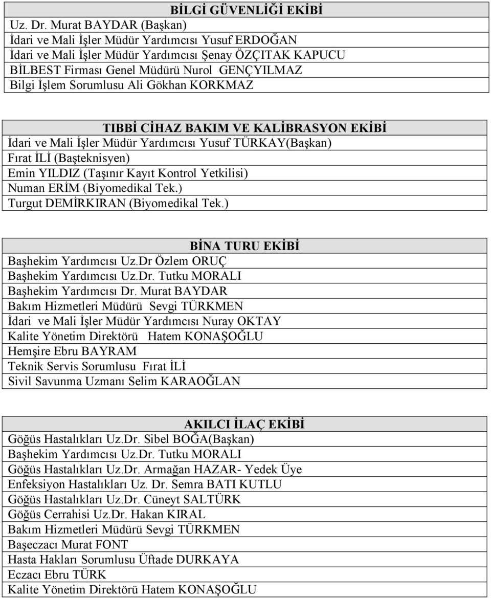 Ali Gökhan KORKMAZ TIBBİ CİHAZ BAKIM VE KALİBRASYON EKİBİ İdari ve Mali İşler Müdür Yardımcısı Yusuf TÜRKAY(Başkan) Fırat İLİ (Başteknisyen) Emin YILDIZ (Taşınır Kayıt Kontrol Yetkilisi) Numan ERİM