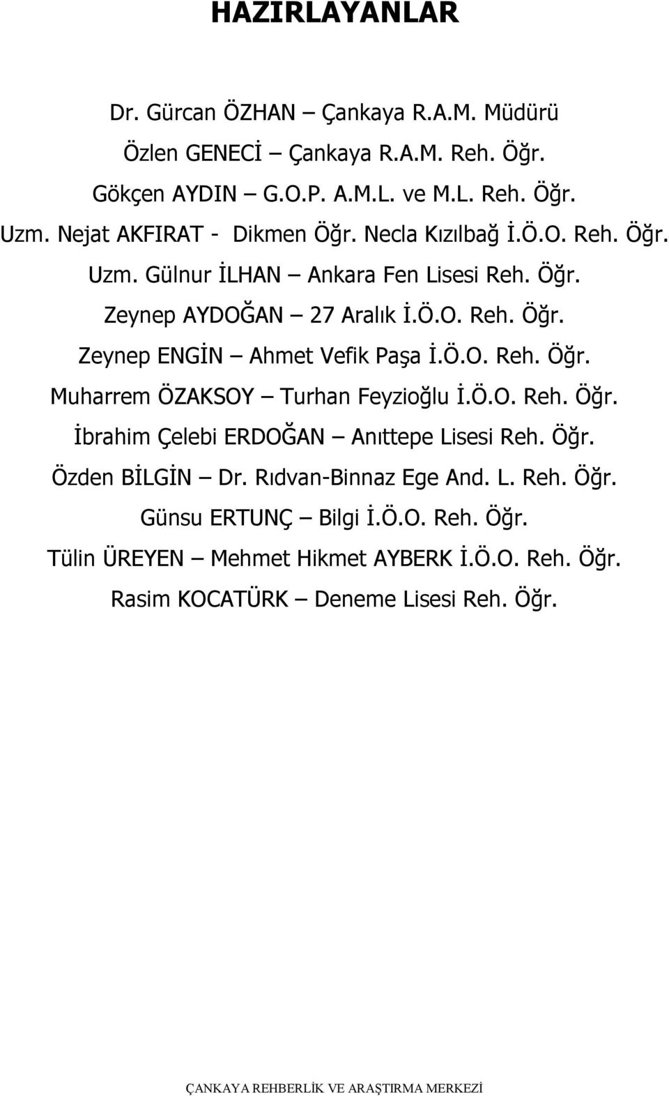 Ö.O. Reh. Öğr. Muharrem ÖZAKSOY Turhan Feyzioğlu İ.Ö.O. Reh. Öğr. İbrahim Çelebi ERDOĞAN Anıttepe Lisesi Reh. Öğr. Özden BİLGİN Dr. Rıdvan-Binnaz Ege And.