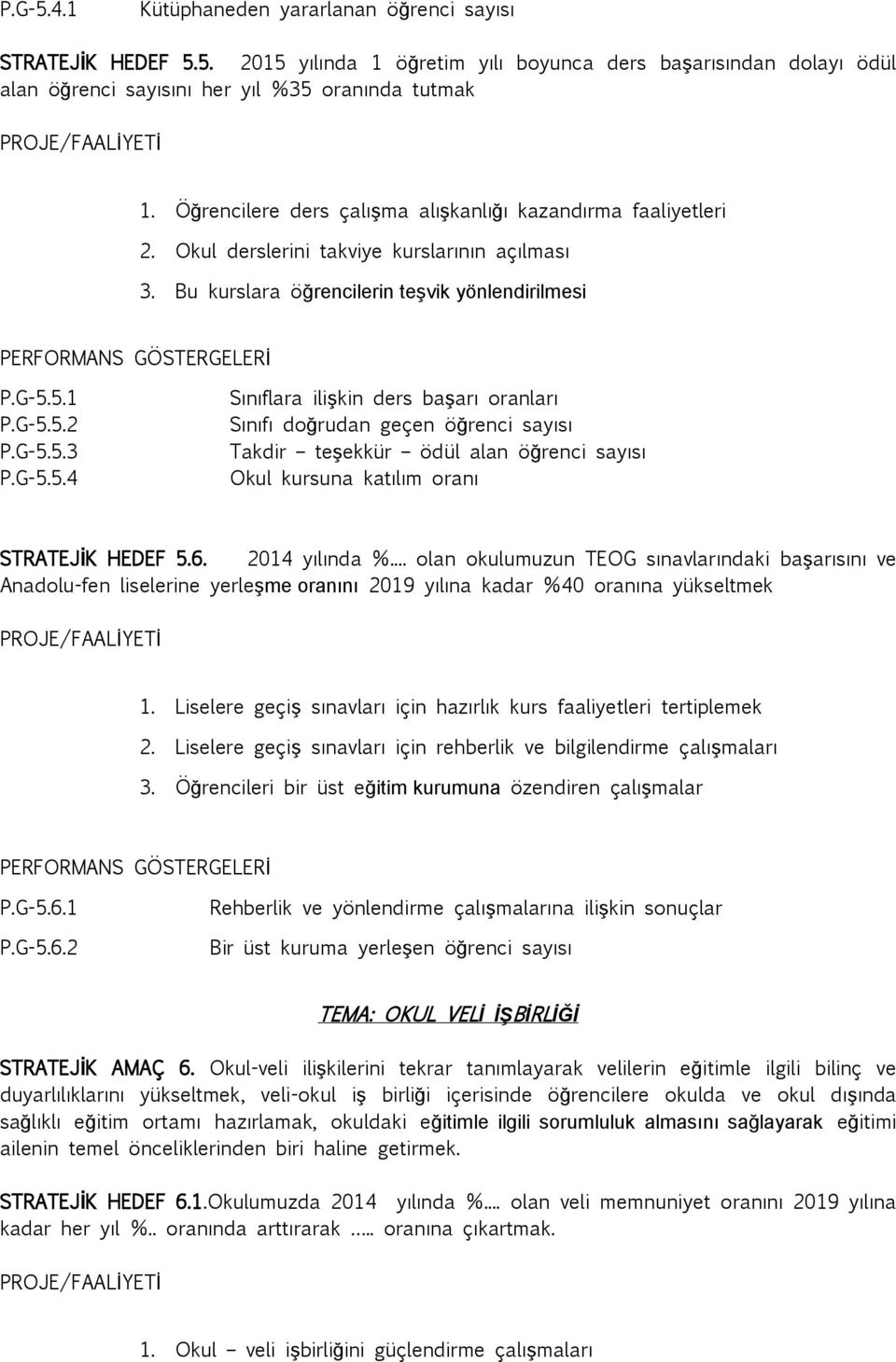 5.1 P.G-5.5.2 P.G-5.5.3 P.G-5.5.4 Sınıflara ilişkin ders başarı oranları Sınıfı doğrudan geçen öğrenci sayısı Takdir teşekkür ödül alan öğrenci sayısı Okul kursuna katılım oranı STRATEJİK HEDEF 5.6.