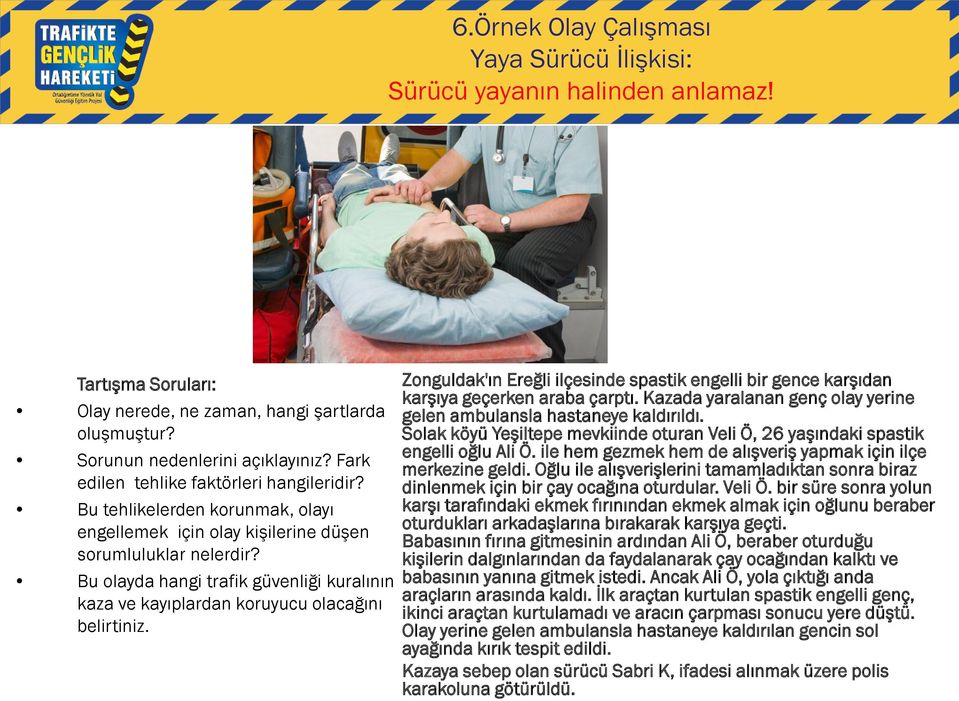 Bu olayda hangi trafik güvenliği kuralının kaza ve kayıplardan koruyucu olacağını belirtiniz. Zonguldak'ın Ereğli ilçesinde spastik engelli bir gence karşıdan karşıya geçerken araba çarptı.