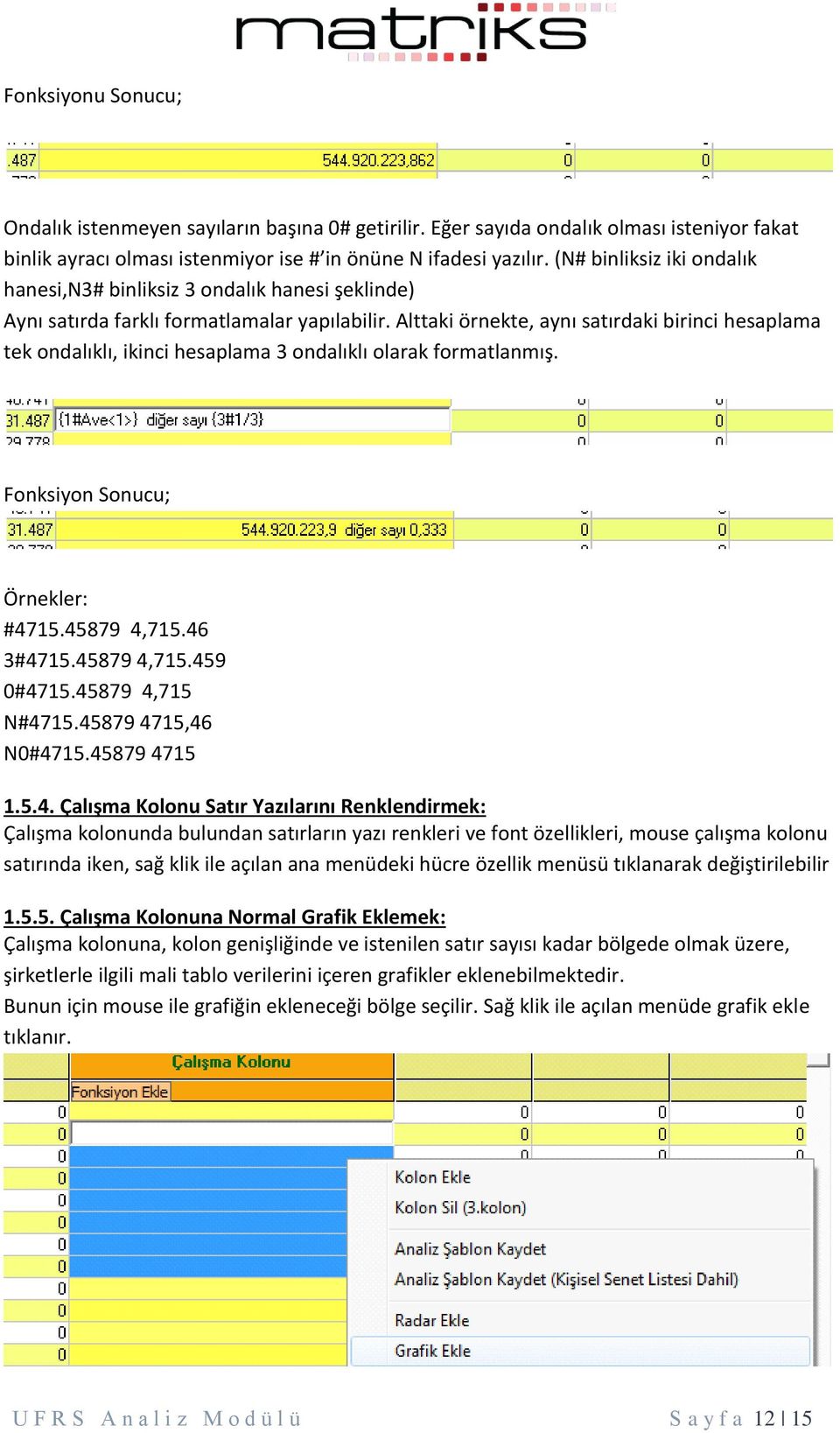 Alttaki örnekte, aynı satırdaki birinci hesaplama tek ondalıklı, ikinci hesaplama 3 ondalıklı olarak formatlanmış. Fonksiyon Sonucu; Örnekler: #4715.45879 4,715.46 3#4715.45879 4,715.459 0#4715.