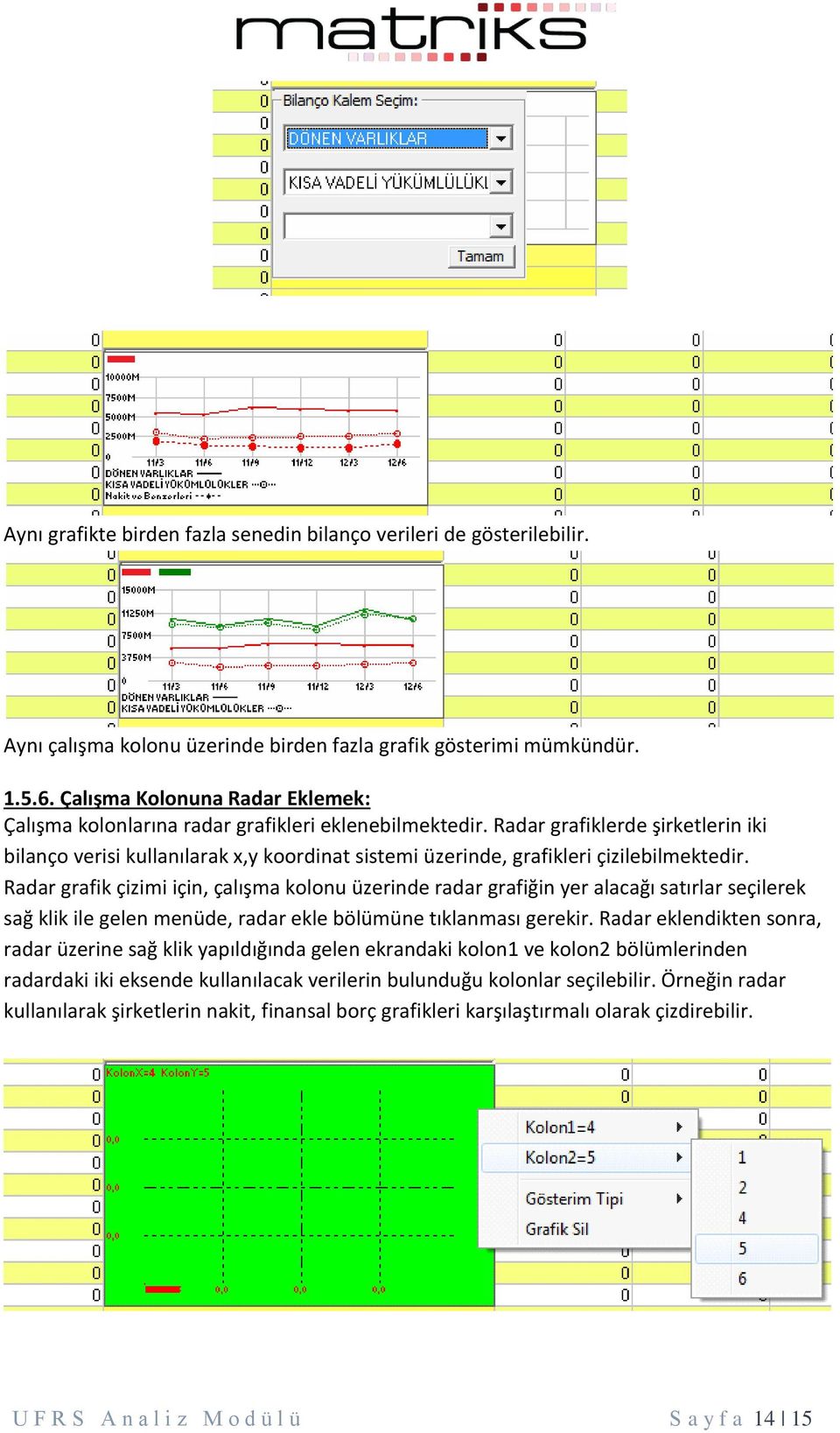 Radar grafiklerde şirketlerin iki bilanço verisi kullanılarak x,y koordinat sistemi üzerinde, grafikleri çizilebilmektedir.