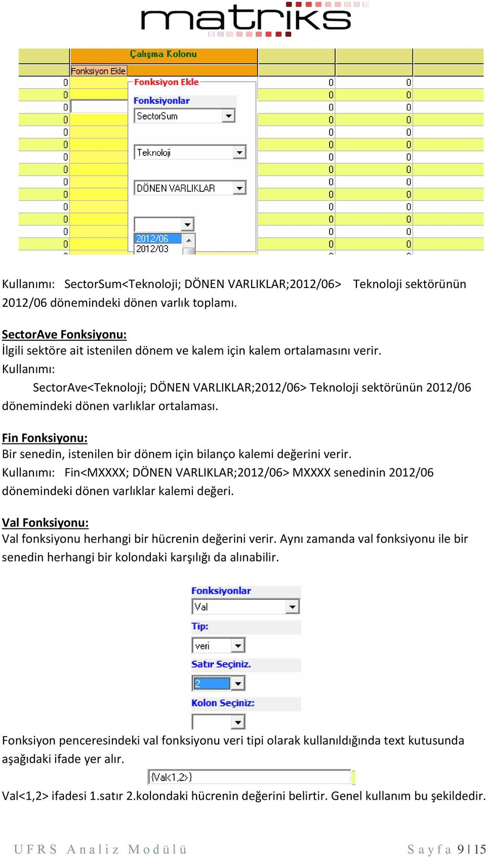 Kullanımı: SectorAve<Teknoloji; DÖNEN VARLIKLAR;2012/06> Teknoloji sektörünün 2012/06 dönemindeki dönen varlıklar ortalaması.