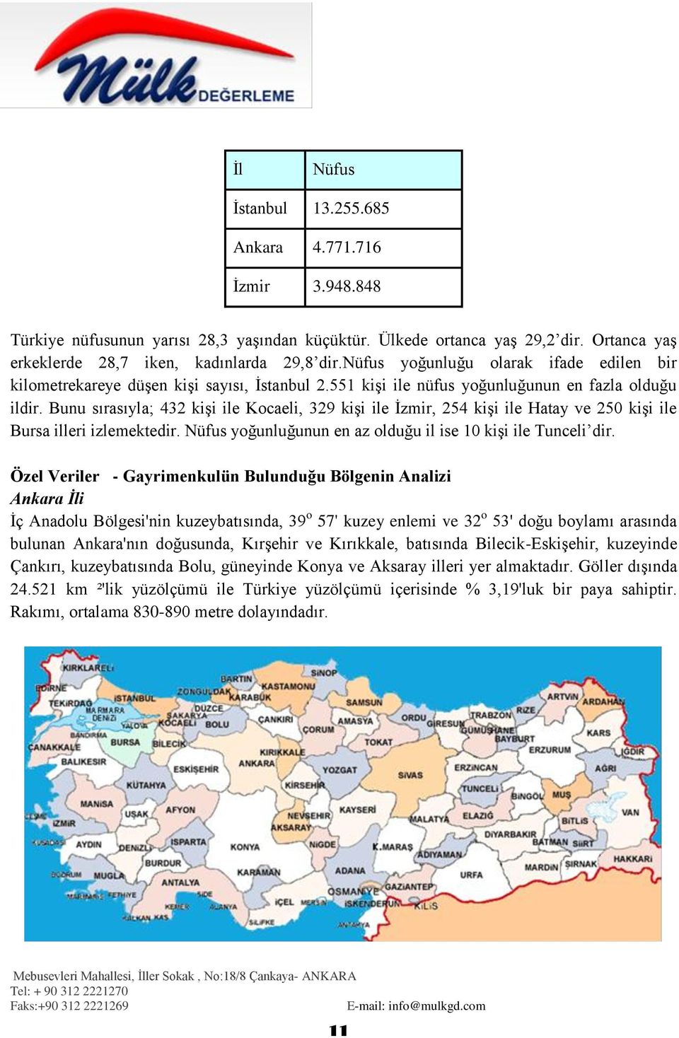 Bunu sırasıyla; 432 kişi ile Kocaeli, 329 kişi ile İzmir, 254 kişi ile Hatay ve 250 kişi ile Bursa illeri izlemektedir. Nüfus yoğunluğunun en az olduğu il ise 10 kişi ile Tunceli dir.