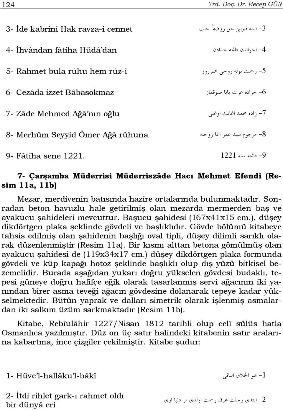 rûhuna -8 9- Fâtiha sene 1221. 1221-9 7- Çarşamba Müderrisi Müderriszâde Hacı Mehmet Efendi (Resim 11a, 11b) Mezar, merdivenin batısında hazîre ortalarında bulunmaktadır.