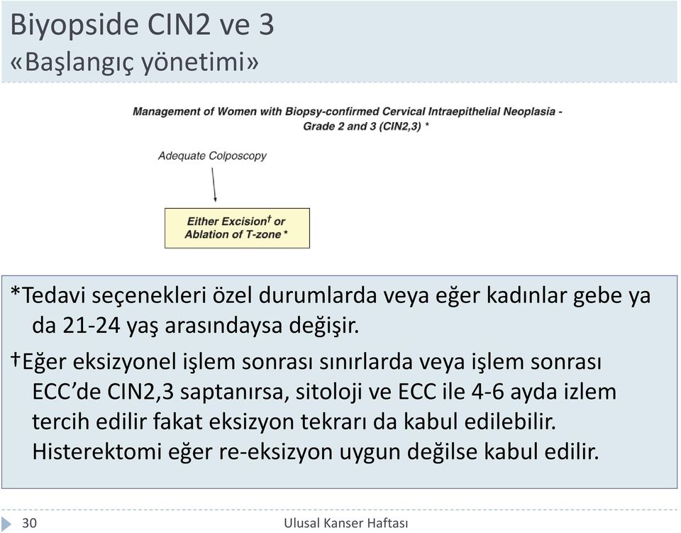 Eğer eksizyonel işlem sonrası sınırlarda veya işlem sonrası ECC de CIN2,3 saptanırsa, sitoloji ve