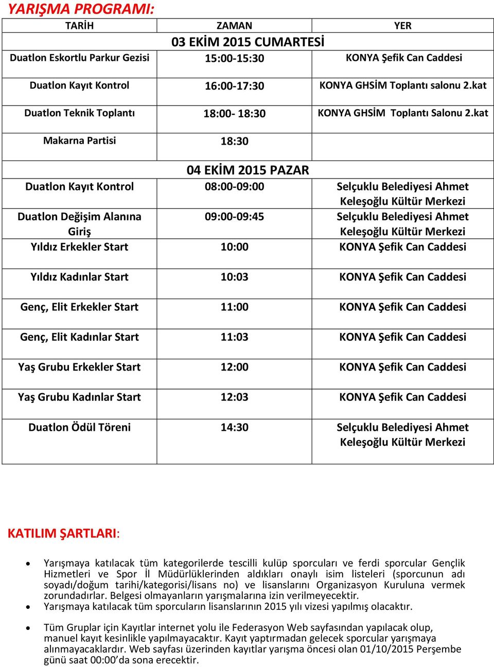 kat Makarna Partisi 18:30 04 EKİM 2015 PAZAR Duatlon Kayıt Kontrol 08:00-09:00 Selçuklu Belediyesi Ahmet Keleşoğlu Kültür Merkezi Duatlon Değişim Alanına Giriş 09:00-09:45 Selçuklu Belediyesi Ahmet