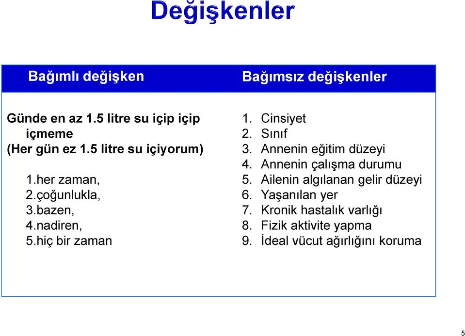 Cinsiyet 2. Sınıf 3. Annenin eğitim düzeyi 4. Annenin çalışma durumu 5.