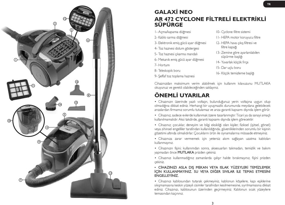 filtre kapağı 13- Zemine göre ayarlanılabilen süpürme başlığı 14- Yuvarlak küçük fırça 15- Dar uçlu boru 16- Küçük temizleme başlığı 11 16 Cihazınızdan maksimum verim alabilmek için kullanım