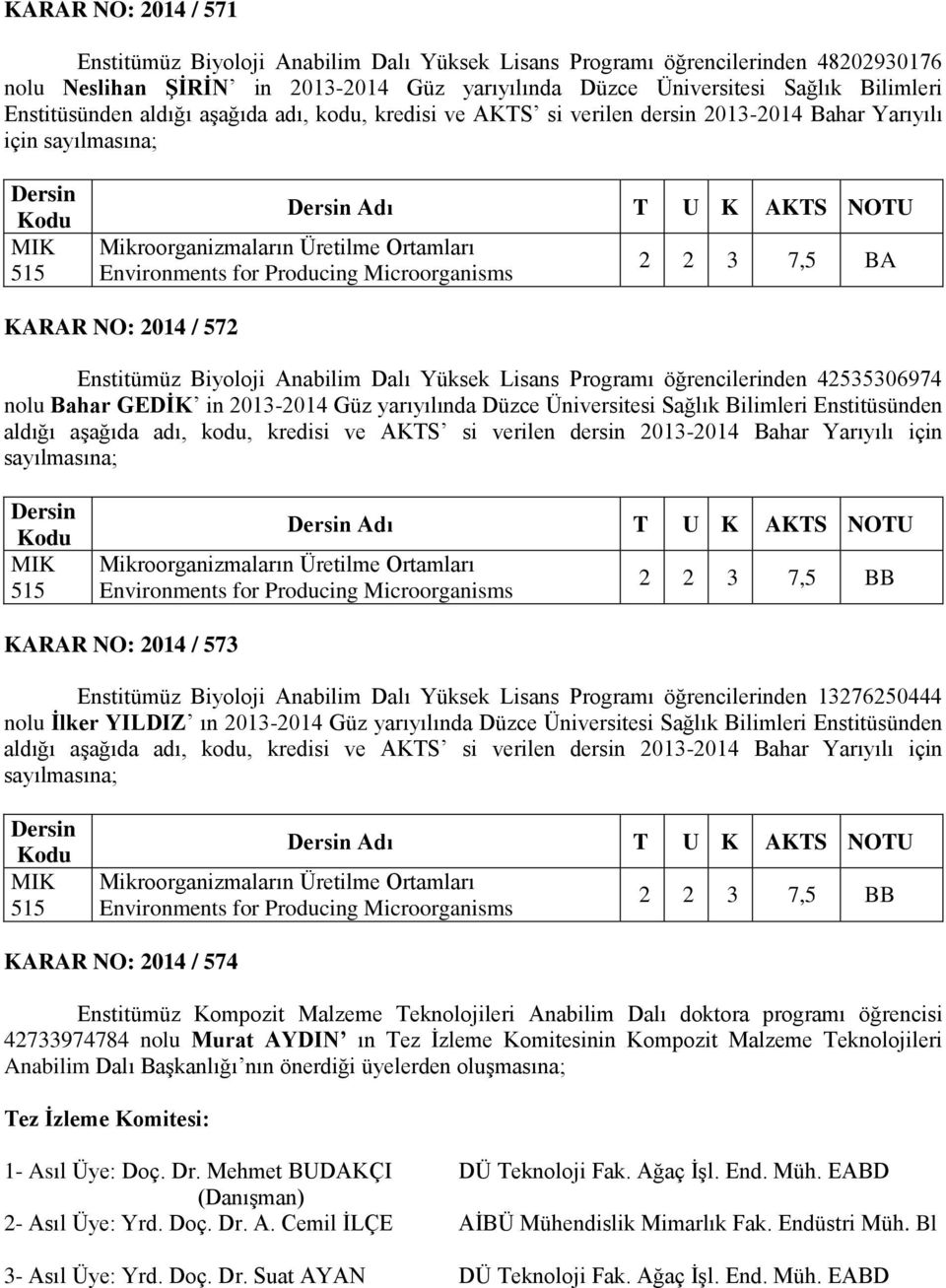 Ortamları Environments for Producing Microorganisms 2 2 3 7,5 BA KARAR NO: 2014 / 572 Enstitümüz Biyoloji Anabilim Dalı Yüksek Lisans Programı öğrencilerinden 42535306974 nolu Bahar GEDİK in