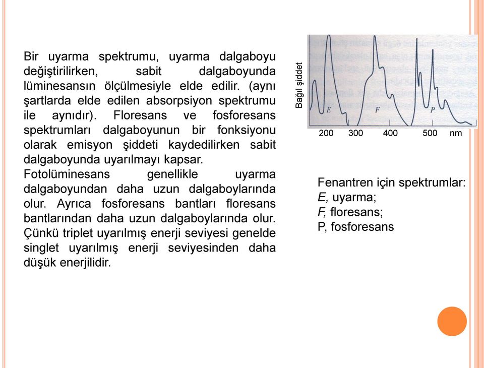 Floresans ve fosforesans spektrumları dalgaboyunun bir fonksiyonu olarak emisyon şiddeti kaydedilirken sabit dalgaboyunda uyarılmayı kapsar.