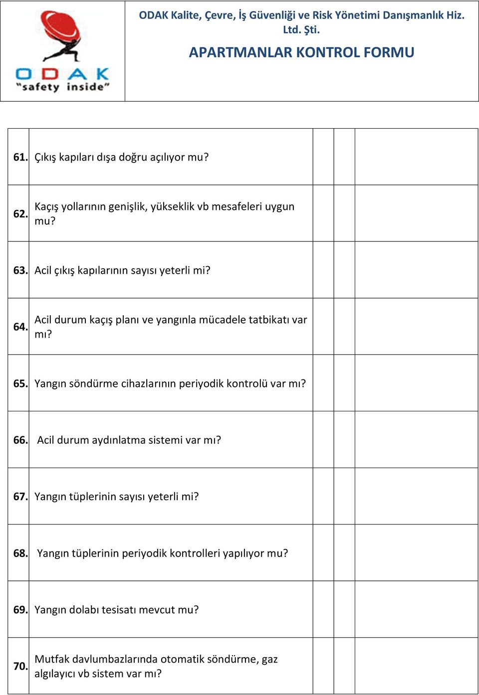 Yangın söndürme cihazlarının periyodik kontrolü var mı? 66. Acil durum aydınlatma sistemi var mı? 67.