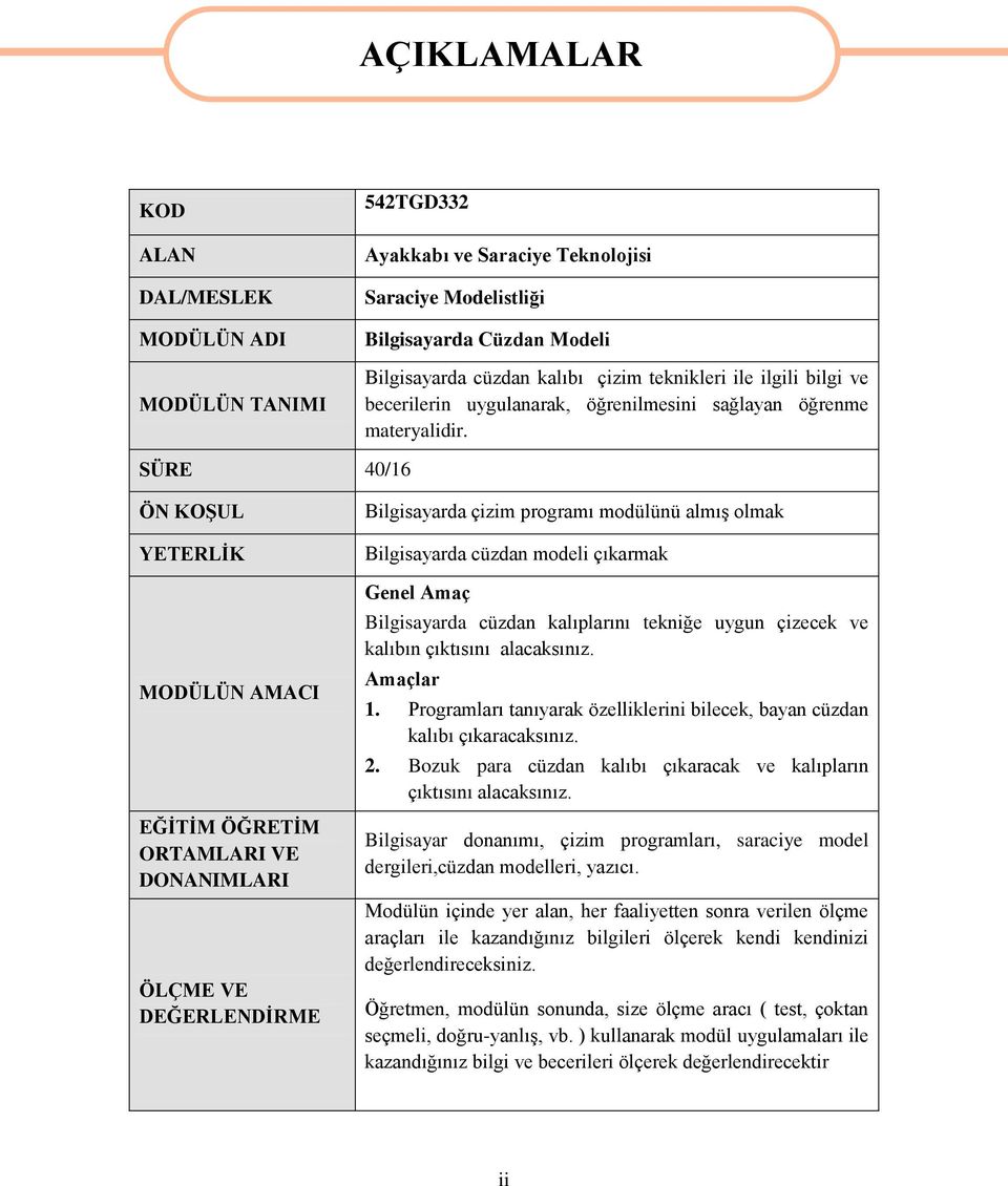 SÜRE 40/16 ÖN KOġUL YETERLĠK MODÜLÜN AMACI EĞĠTĠM ÖĞRETĠM ORTAMLARI VE DONANIMLARI ÖLÇME VE DEĞERLENDĠRME Bilgisayarda çizim programı modülünü almıģ olmak Bilgisayarda cüzdan modeli çıkarmak Genel