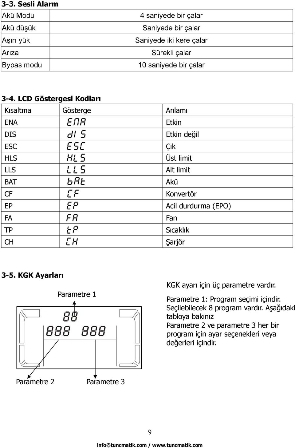 LCD Göstergesi Kodları Kısaltma Gösterge Anlamı ENA Etkin DIS Etkin değil ESC Çık HLS Üst limit LLS Alt limit BAT Akü CF Konvertör EP Acil durdurma (EPO) FA