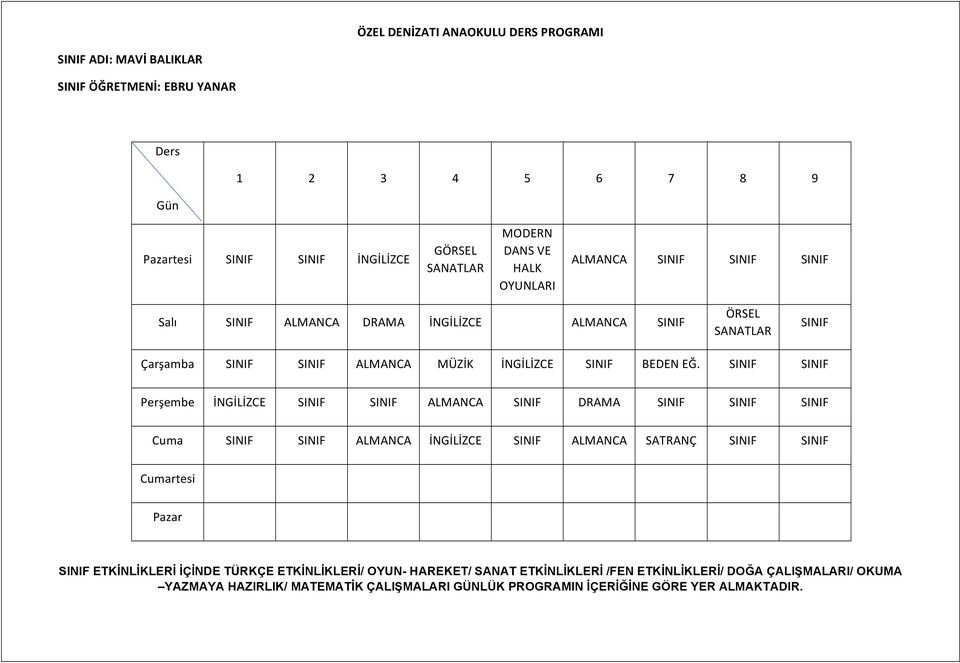 Perşembe İNGİLİZCE ALMANCA DRAMA Cuma ALMANCA İNGİLİZCE ALMANCA SATRANÇ ETKİNLİKLERİ