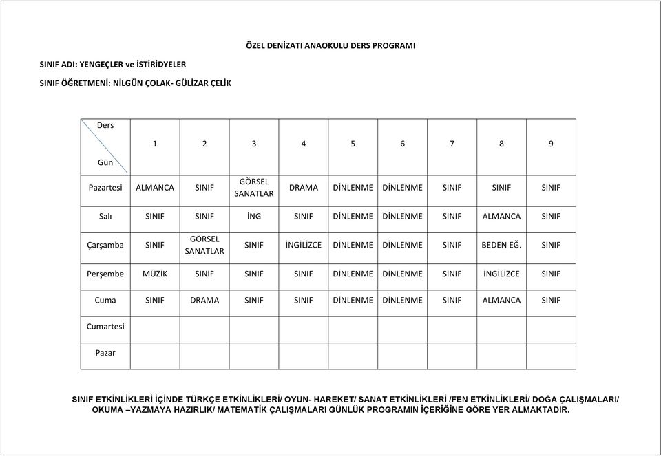 EĞ. Perşembe MÜZİK DİNLENME DİNLENME İNGİLİZCE Cuma DRAMA DİNLENME DİNLENME ALMANCA ETKİNLİKLERİ