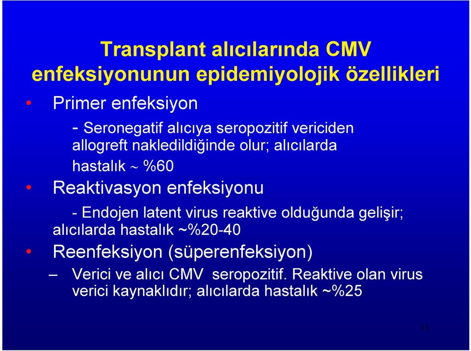 enfeksiyonu - Endojen latent virus reaktive olduğunda gelişir; alıcılarda hastalık ~%20-40 Reenfeksiyon