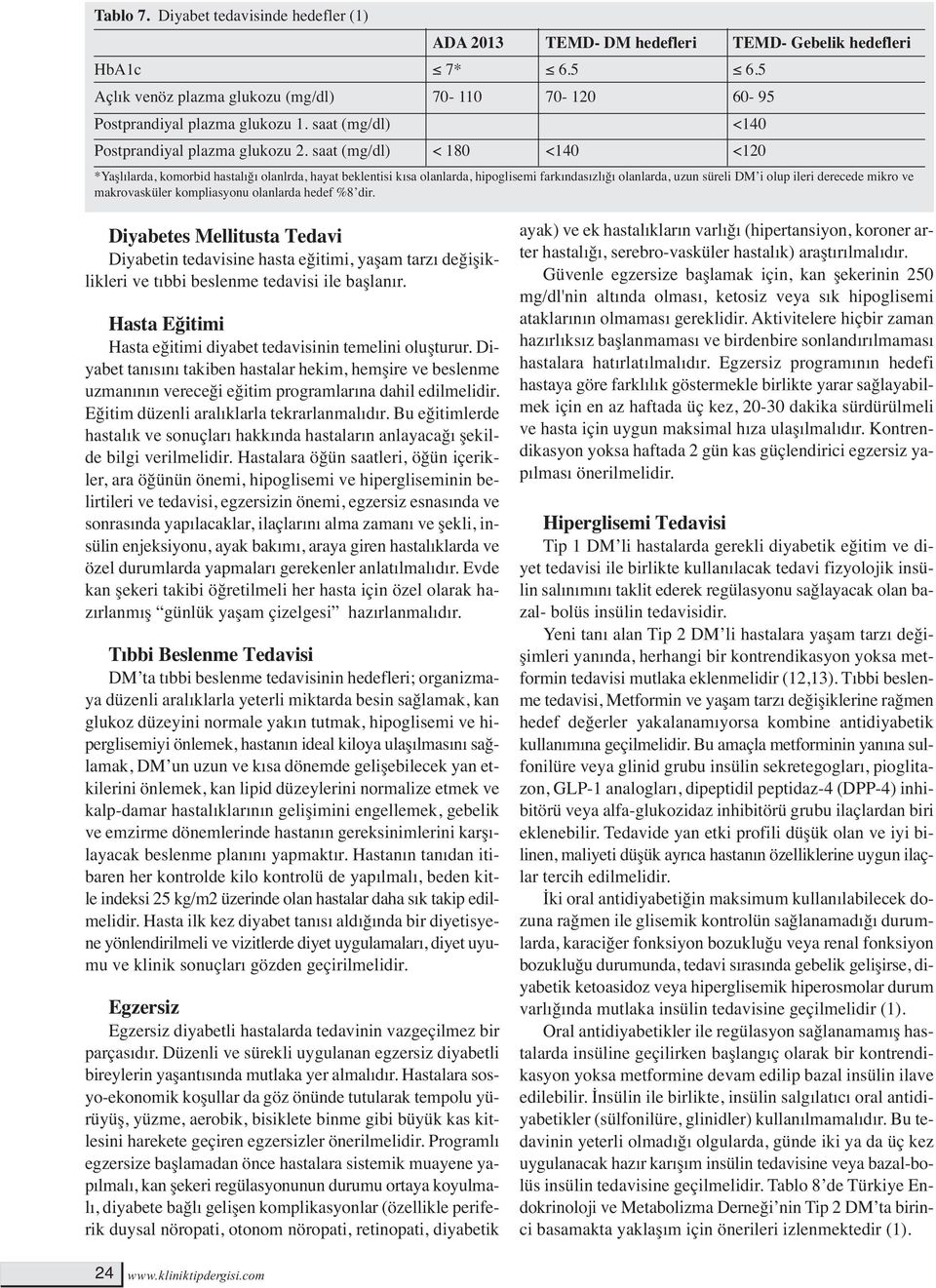 saat (mg/dl) < 180 <140 <120 *Yaşlılarda, komorbid hastalığı olanlrda, hayat beklentisi kısa olanlarda, hipoglisemi farkındasızlığı olanlarda, uzun süreli DM i olup ileri derecede mikro ve