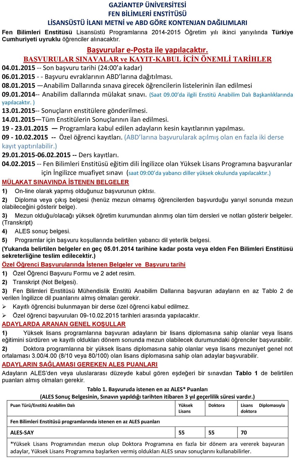 01.2015 - - Başvuru evraklarının ABD larına dağıtılması. 08.01.2015 Anabilim Dallarında sınava girecek öğrencilerin listelerinin ilan edilmesi 09.01.2014-- Anabilim dallarında mülakat sınavı.