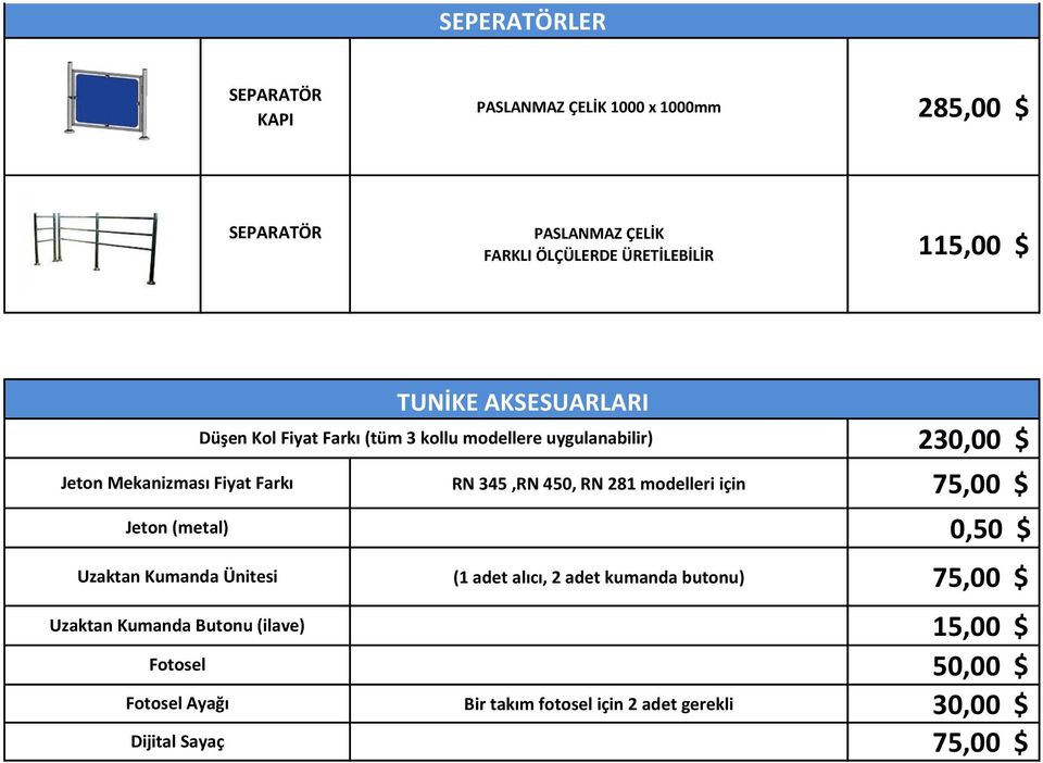 modellere uygulanabilir) 230,00 $ RN 345,RN 450, RN 281 modelleri için 75,00 $ 0,50 $ (1 adet alıcı, 2 adet kumanda butonu) 75,00