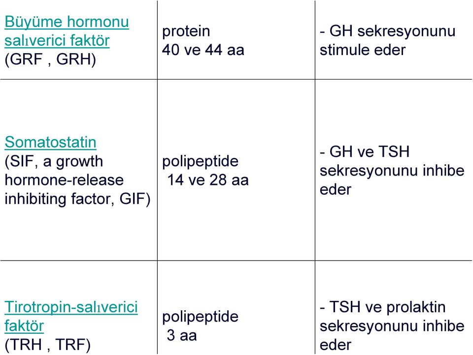 factor, GIF) polipeptide 14 ve 28 aa - GH ve TSH sekresyonunu inhibe eder
