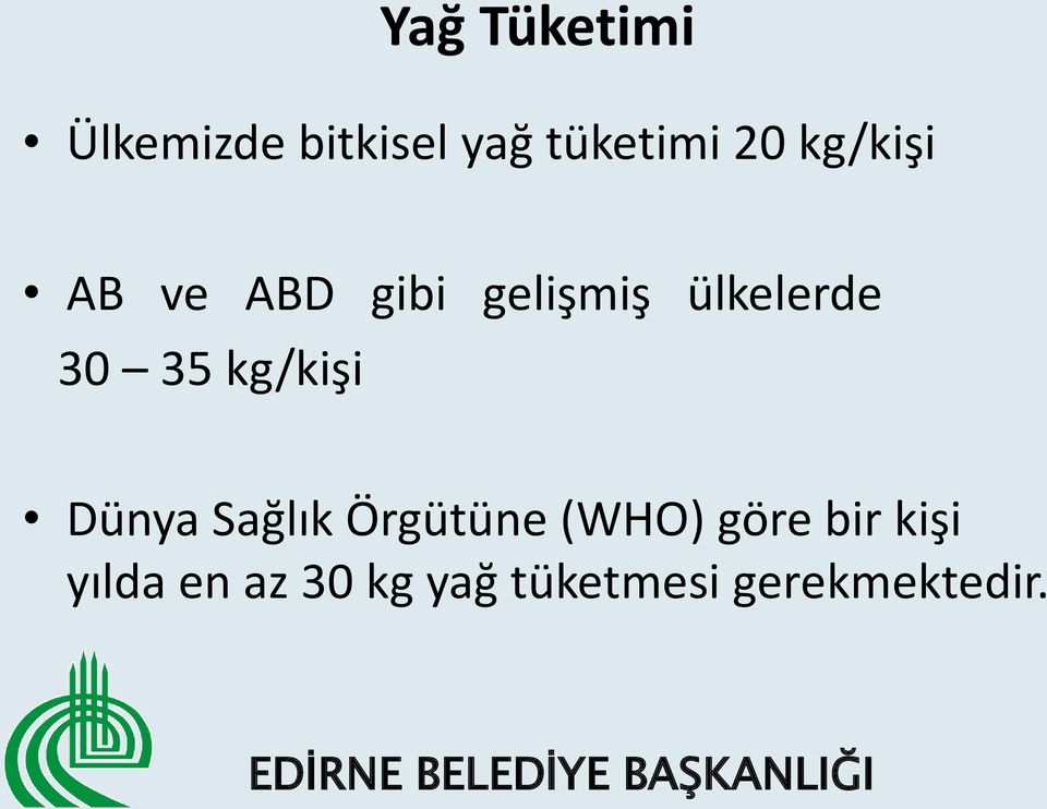 kg/kişi Dünya Sağlık Örgütüne (WHO) göre bir