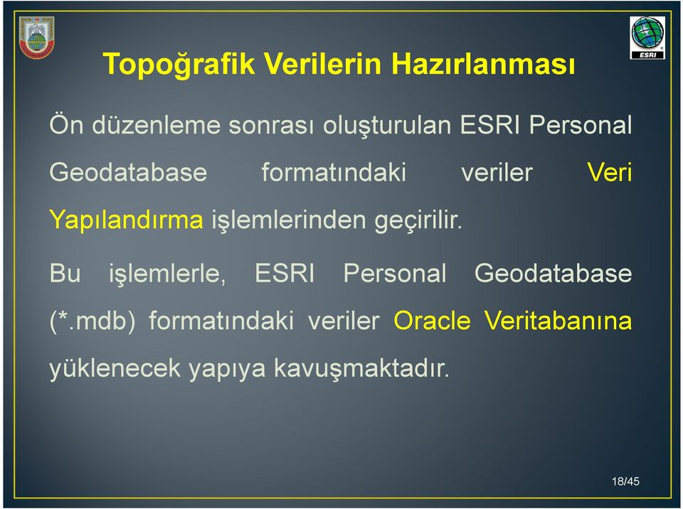 işlemlerinden geçirilir. Bu işlemlerle, ESRI Personal Geodatabase (*.