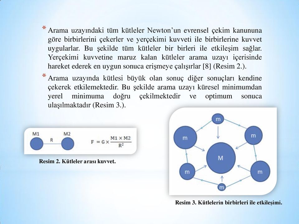 Yerçekimi kuvvetine maruz kalan kütleler arama uzayı içerisinde hareket ederek en uygun sonuca erişmeye çalışırlar [8] (Resim 2.).