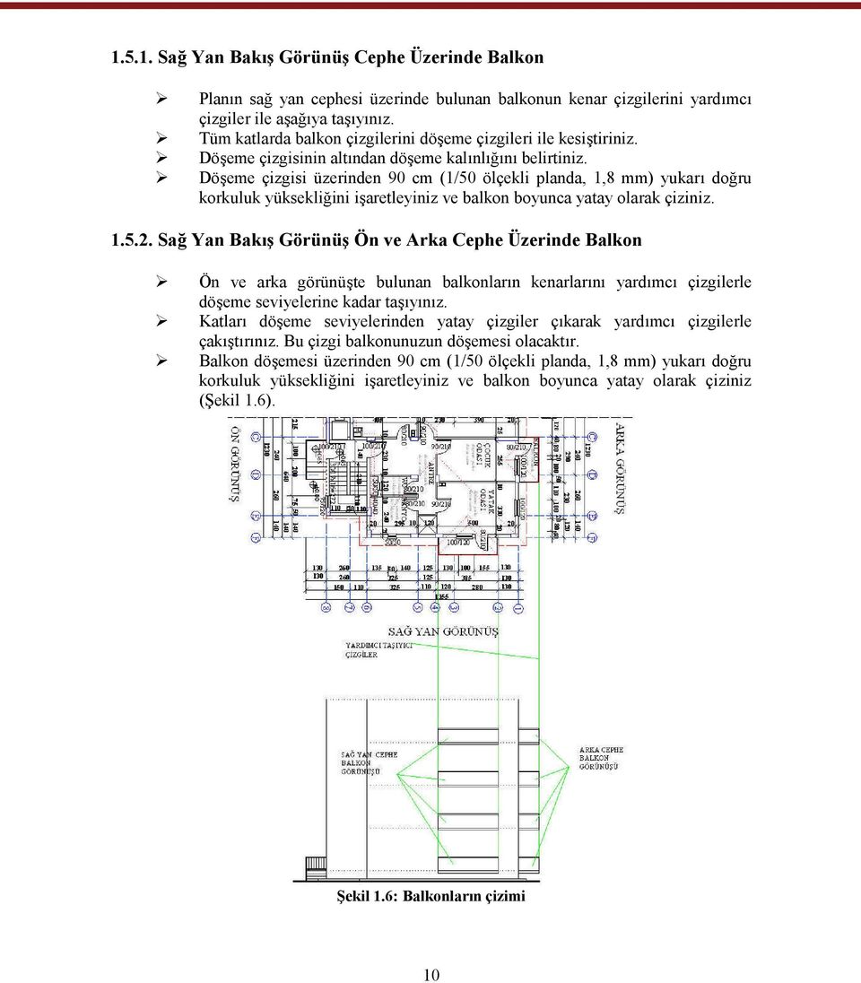 Döşeme çizgisi üzerinden 90 cm (1/50 ölçekli planda, 1,8 mm) yukarı doğru korkuluk yüksekliğini işaretleyiniz ve balkon boyunca yatay olarak çiziniz. 1.5.2.