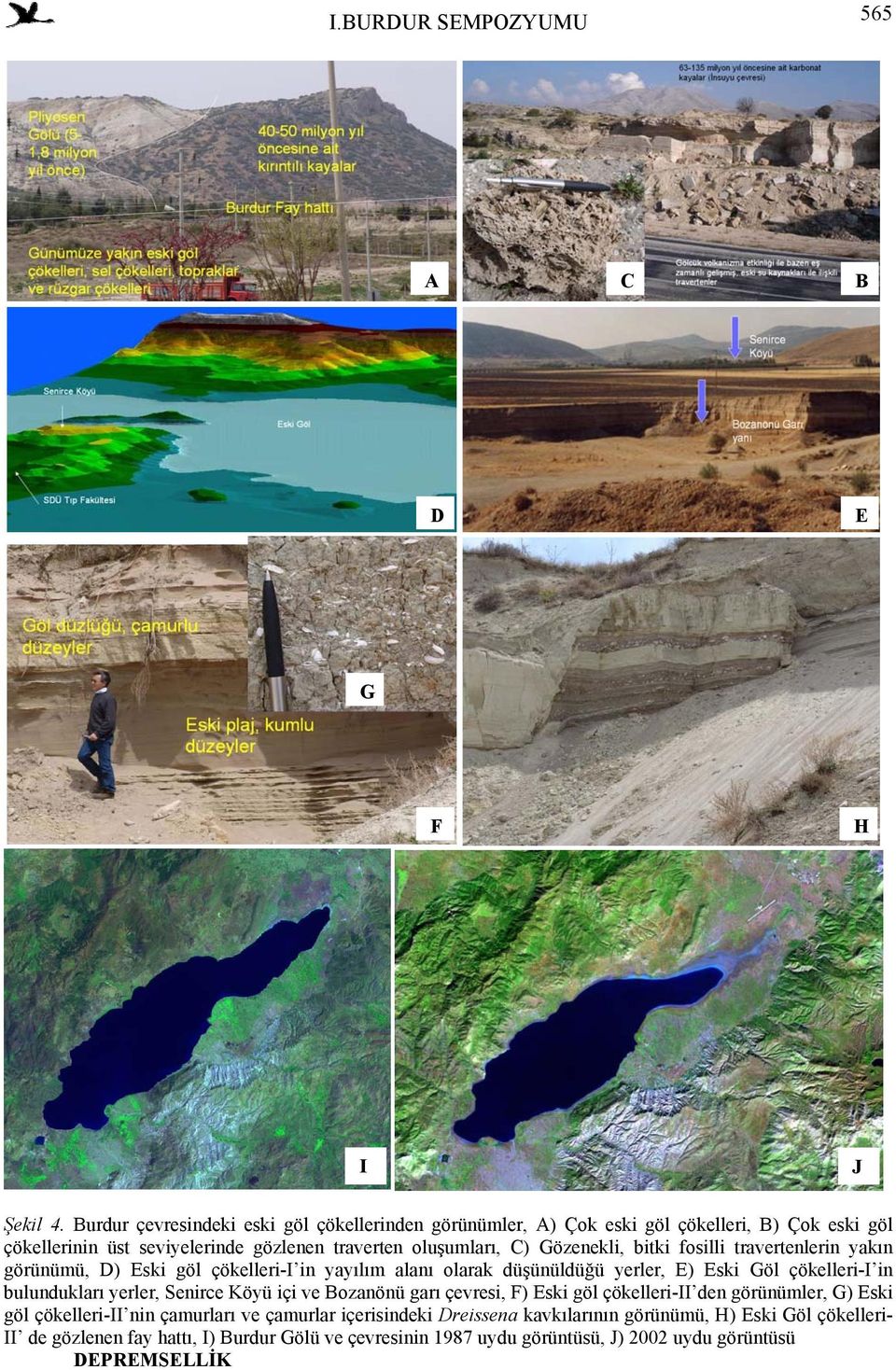 Gözenekli, bitki fosilli travertenlerin yakın görünümü, D) Eski göl çökelleri-i in yayılım alanı olarak düşünüldüğü yerler, E) Eski Göl çökelleri-i in bulundukları