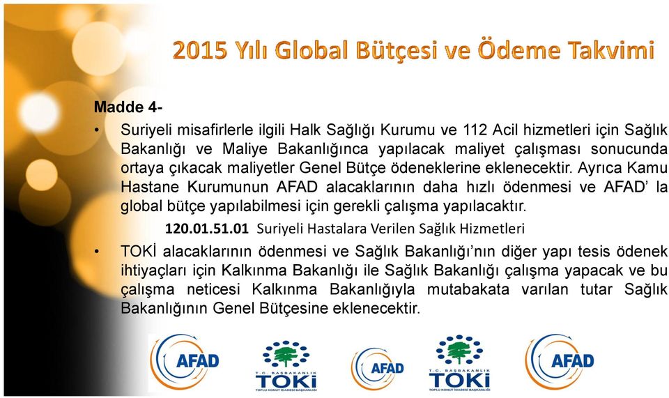 Ayrıca Kamu Hastane Kurumunun AFAD alacaklarının daha hızlı ödenmesi ve AFAD la global bütçe yapılabilmesi için gerekli çalışma yapılacaktır. 120.01.51.