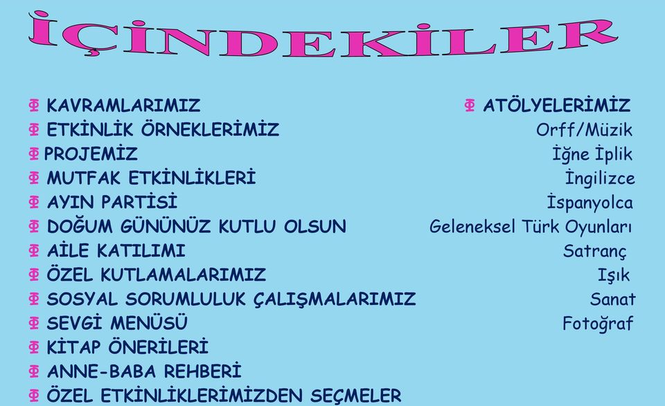 SEVGİ MENÜSÜ Ф KİTAP ÖNERİLERİ Ф ANNE-BABA REHBERİ Ф ÖZEL ETKİNLİKLERİMİZDEN SEÇMELER Ф