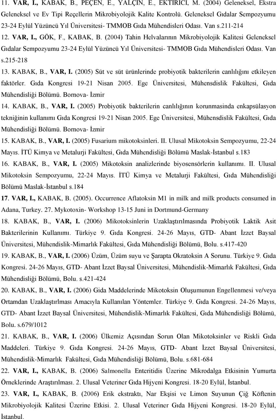 (2004) Tahin Helvalarının Mikrobiyolojik Kalitesi Geleneksel Gıdalar Sempozyumu 23-24 Eylül Yüzüncü Yıl Üniversitesi- TMMOB Gıda Mühendisleri Odası. Van s.215-218 13. KABAK, B., VAR, I.